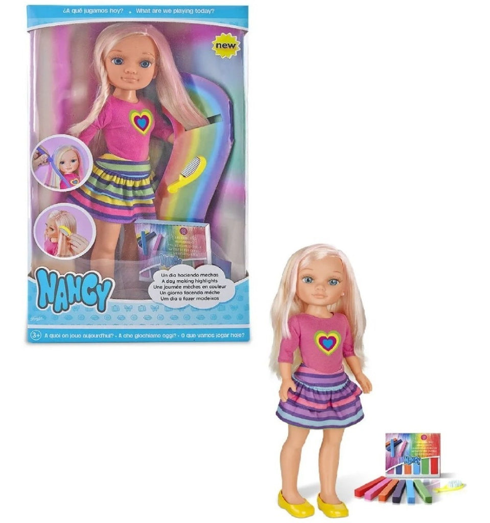 Nancy Un Día Haciendo Mechas – Muñeca Rubia De 42 Cm Con Pelo Largo Y Tizas De Colores Para Peinados Creativos, Incluye Accesorios