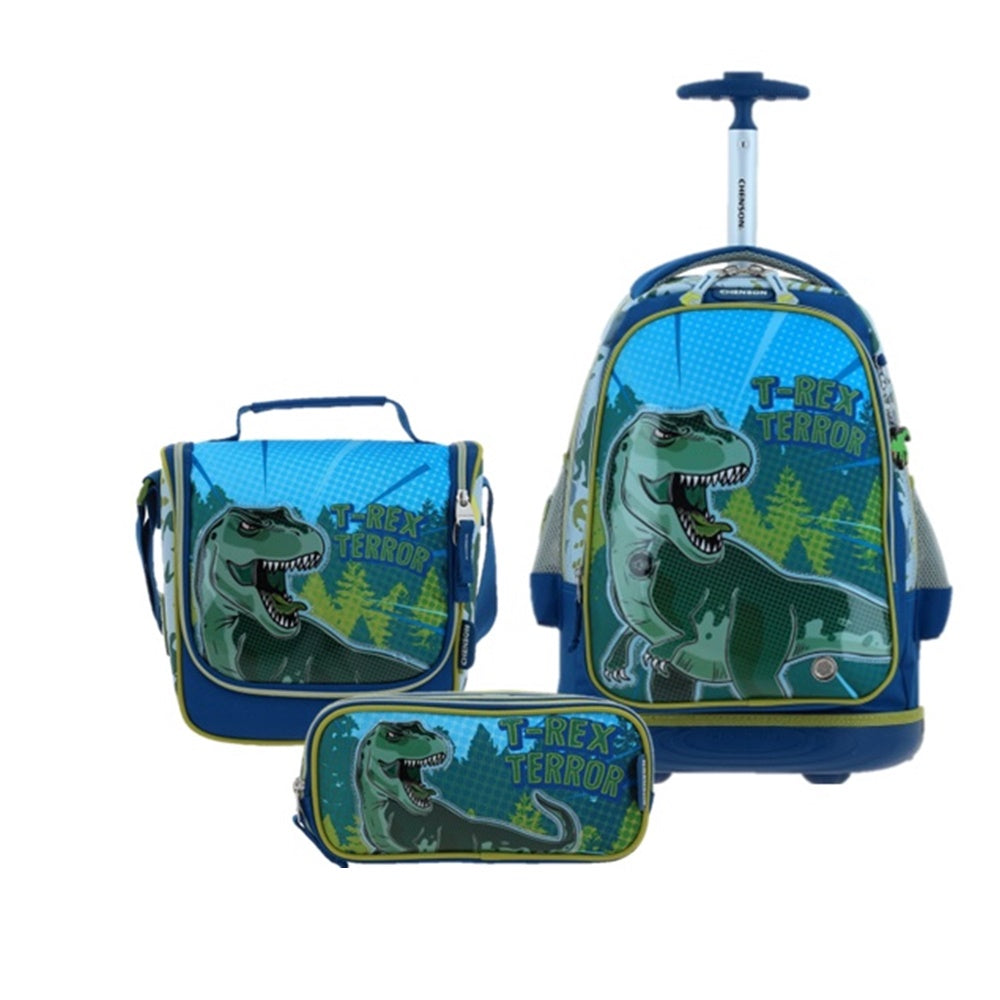 Set de Mochila Ruedas Baston Lonchera Lapicera Sonidos Escolar Chenson Dinosaurio T-Rex Trerror CO66404