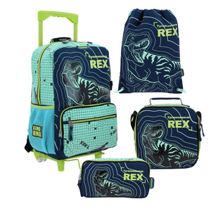 Kit Mochila Ruedas Lonchera Lapicera Morral Primaria Chenson Dinsoaurio Rex Niño CO66111-9 Carro de Fabrica