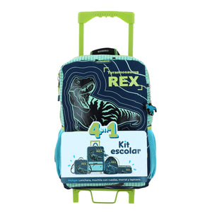 Kit Mochila Ruedas Lonchera Lapicera Morral Primaria Chenson Dinsoaurio Rex Niño CO66111-9 Carro de Fabrica