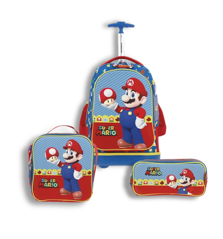 Set Mochila Ruedas Baston Lonchera Lapicera Luz Para Niño Escolar Primaria Carro de Fabrica Mario Bros Mush MB66264