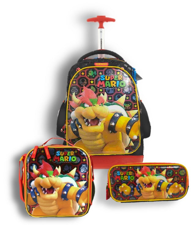 Set Mochila Ruedas Baston Lonchera Lapicera Luz Para Niño Escolar Primaria Carro de Fabrica Mario Bros Rewo MB66320