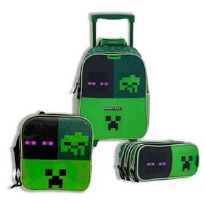 Set Chenson Mochila Lonchera y Lapicera Chica Chenson Ruedas Niño Escolar Kinder Minecraft Const MC66049-G