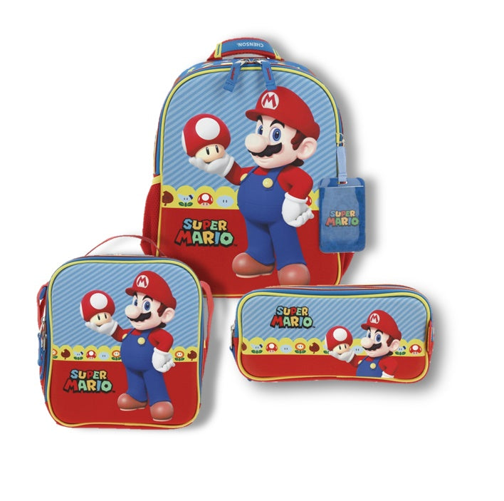 Set Chenson Mochila Lonchera y Lapicera Chica Chenson Preescolar Kinder Mario Bros Mush MB66262-9