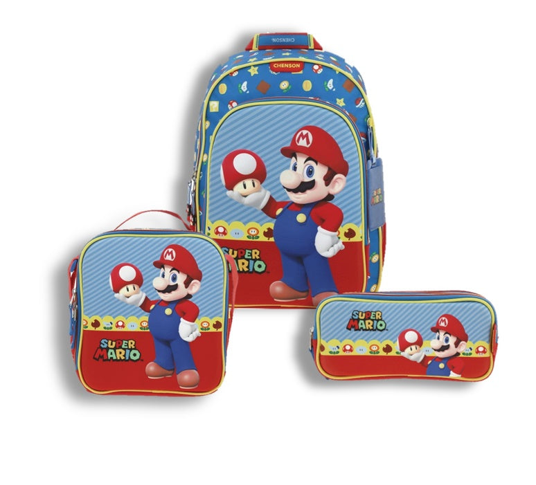 Set Chenson Mochila Lonchera Lapicera Para Niño Escolar Primaria Mario Bros Mush MB66259