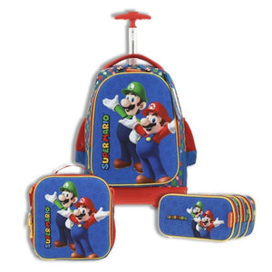 Set Chenson Mochila Ruedas Baston Lonchera Lapicera Luz Escolar Primaria Carro de Fabrica Mario Luigi Armin MB65971