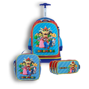 Set Mochila Ruedas Baston Lonchera Lapicera Luz Para Niño Escolar Primaria Carro de Fabrica Mario Bowser SQUAT MB66372