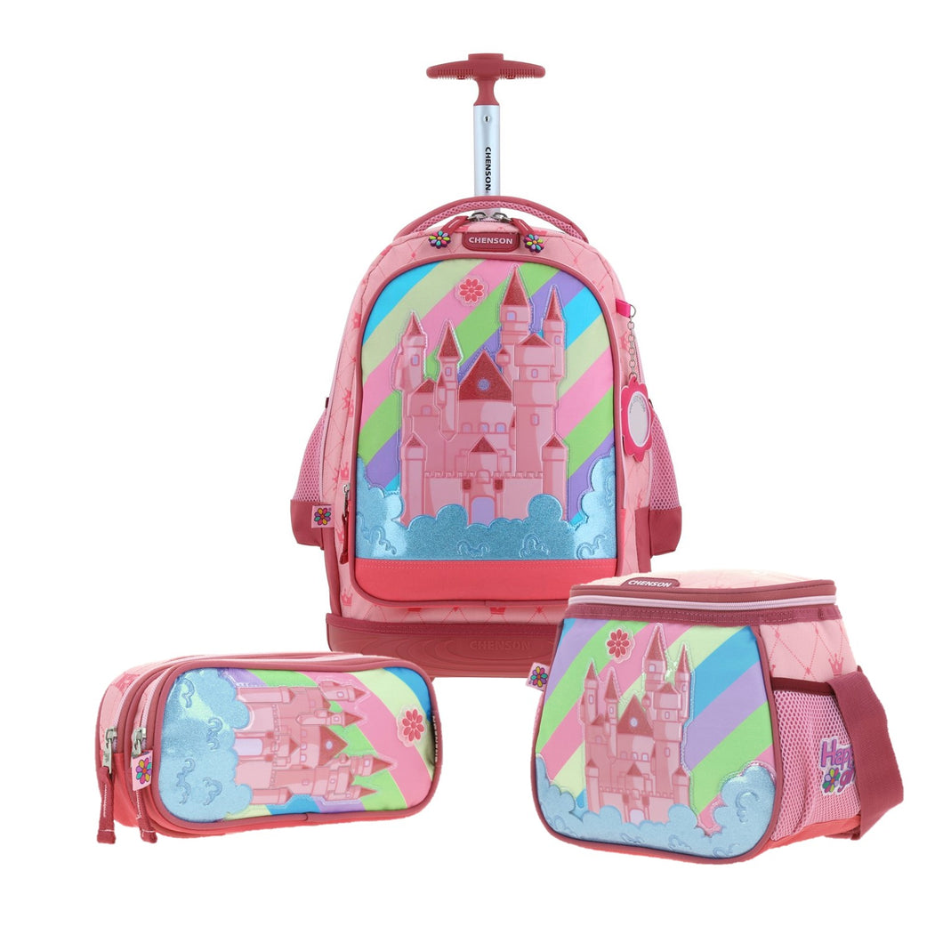 Set Chenson Mochila Ruedas Baston Lonchera Lapicera, Luces Led Para Niña Escolar Primaria Happy Girl Cast HG66495-P