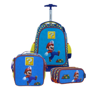 Set Mochila Ruedas Baston Lonchera Lapicera Luz Niño Escolar Primaria Carro de Fabrica Mario Bros Powp MB66310